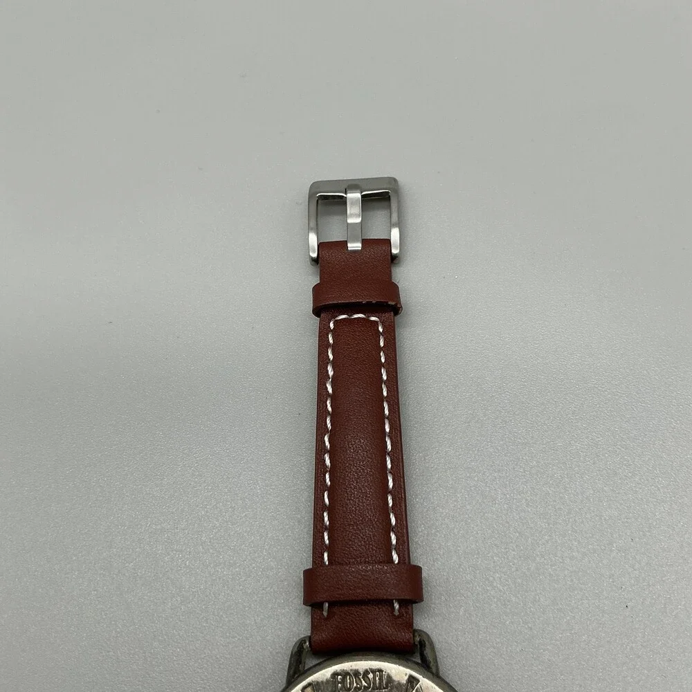 Vintage Fossil Club Fossil Mens Watch 36mm Silver Tone Brown Leather New Battery